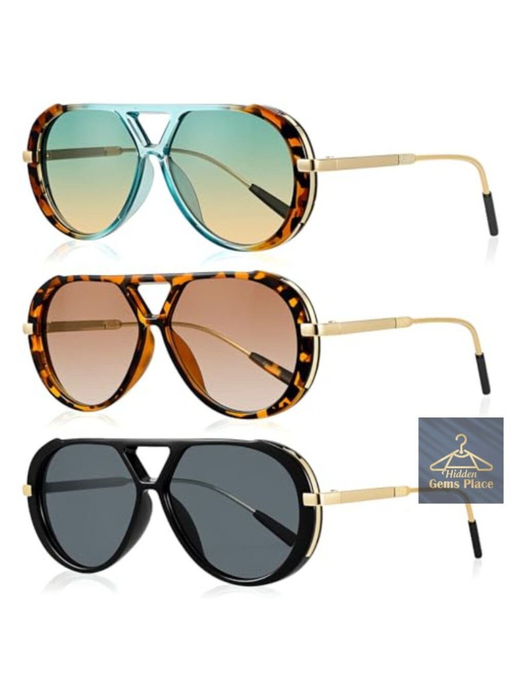 Oversized Aviator Sunglasses Double Bridge Retro Big Frame 3-Pack UV400